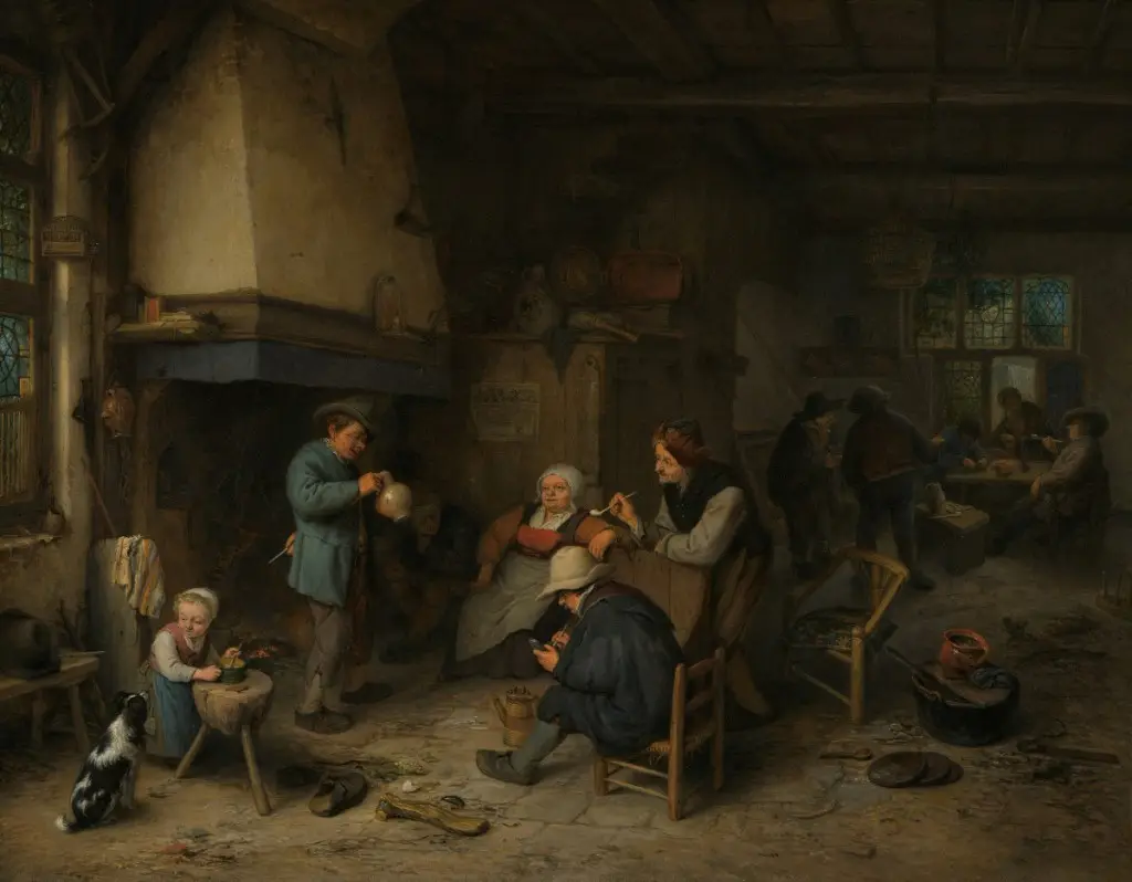 Dutch genre painting of peasants gathered indoors around a hearth, eating and drinking